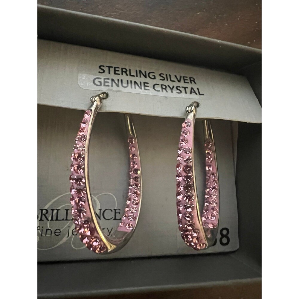 Sterling Silver Pink crystal hoop earrings new